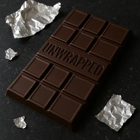 Glossy Dark Chocolate Bar with Neatly Arranged Squares Rests
