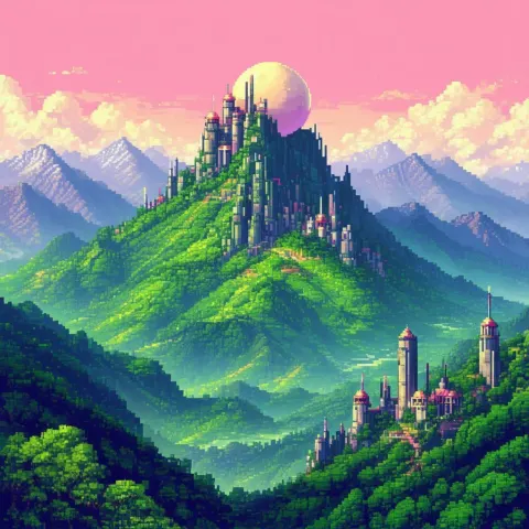 Pixel Mountains With Spherical Buildings Under Pink Sky