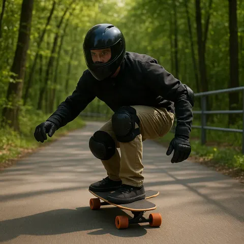 Person Wearing Protective Gear Rides a Longboard