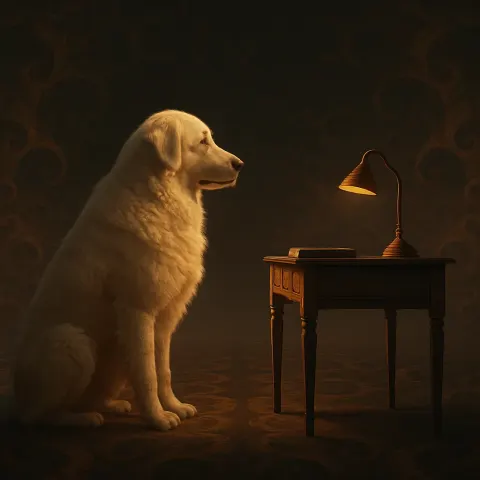 Kuvasz and Desk in Profile