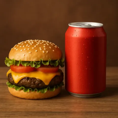 Hamburger with a Soda Can Positioned on its Right Side