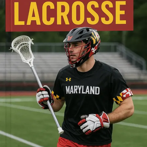 Lacrosse Player Wearing a Maryland-themed Uniform Holds a Lacrosse Stick
