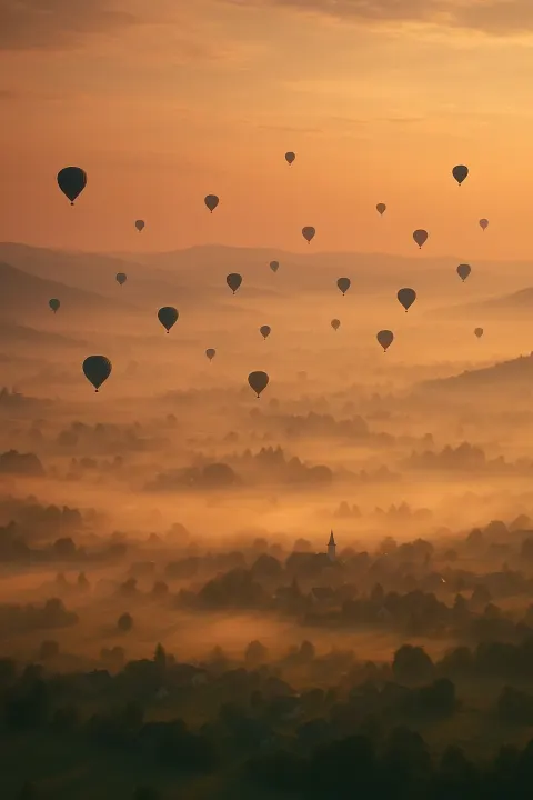 Numerous Distant Hot Air Balloons Drift Serenely