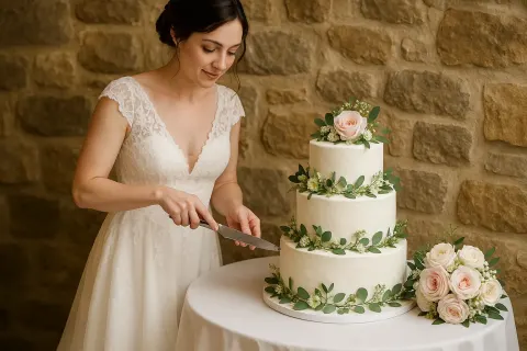 Woman in a White Lace Wedding Dress Is Cutting