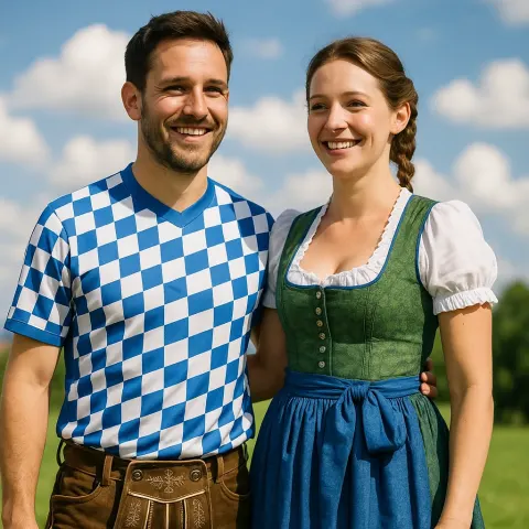 Man Wearing a Blue Checkered Football Jersey and Lederhosen Stands