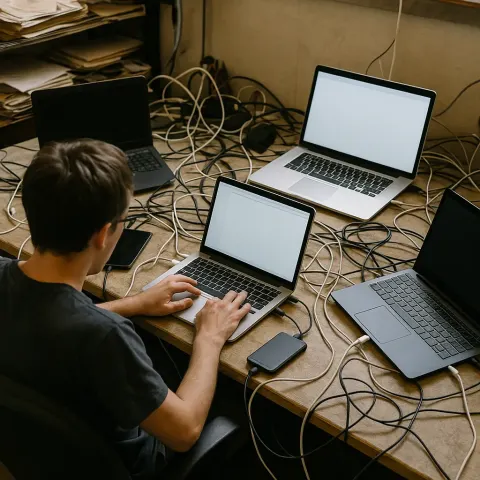 Person Seated at a Desk with Multiple Laptops