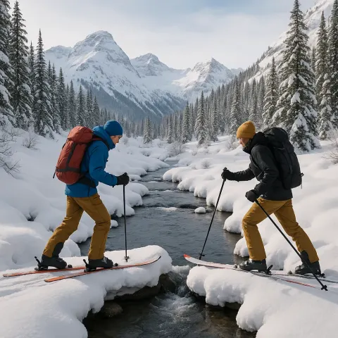 Two People on Skis Carefully Crossing a Snowy Stream