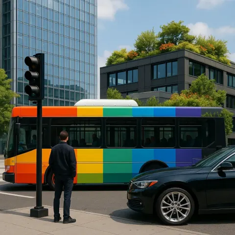 Vibrantly Colored City Bus Glides Past a Pedestrian