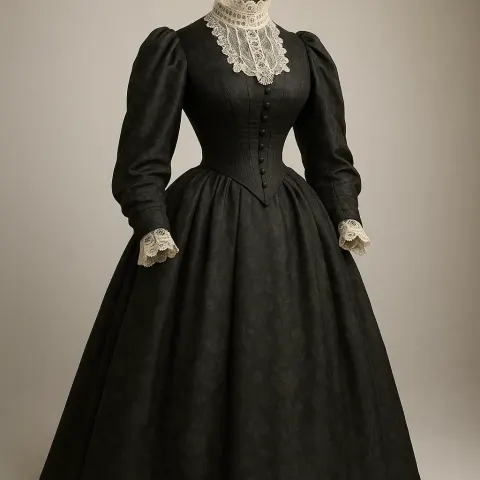 Gown from the Victorian Era Characterized by a High Collar