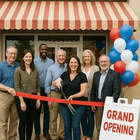 Group of People Stand in Front of a Storefront