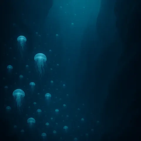 Countless Shimmering Bioluminescent Jellyfish Drift in a Vast