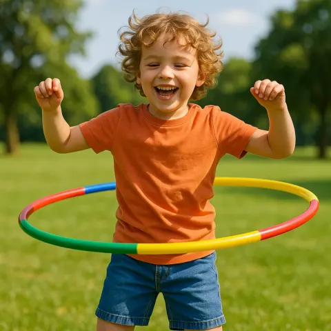Young Child Is Twirling a Vividly Colored Hula Hoop