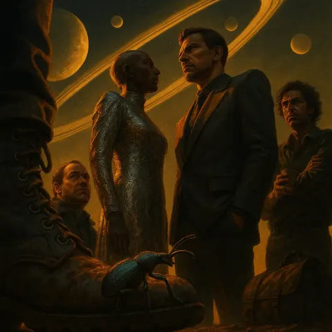 Four Imposing Figures Engage in a Tense Interaction