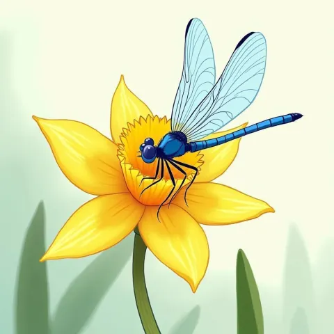 Blue Dragonfly on a Daffodil in Whiteboard Lines