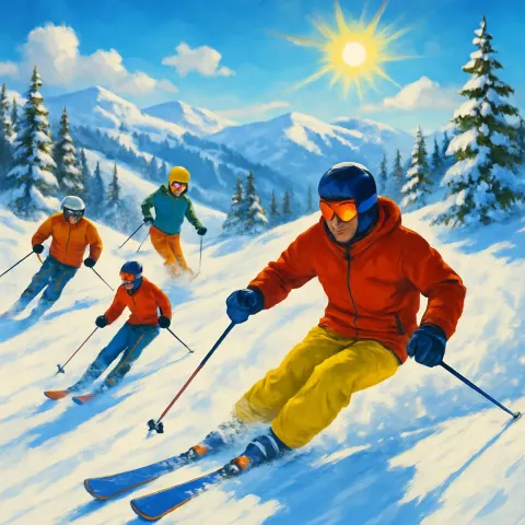 Skiers Gracefully Navigating the Snow-covered Hills under the Bright Sunshine