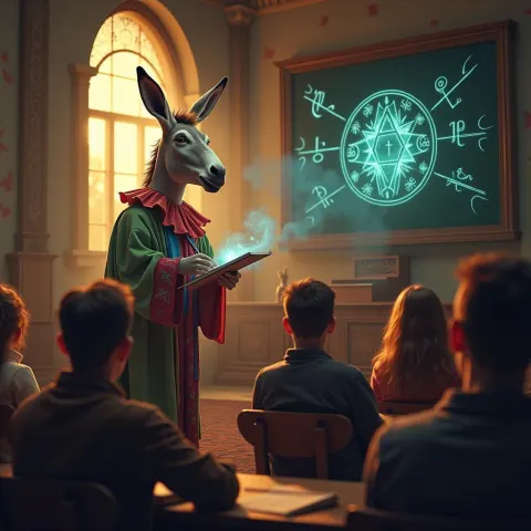 Clown Costumed Donkey Lectures an Enchanted Hall