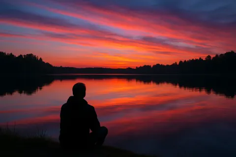 Person Sits by a Tranquil Lake