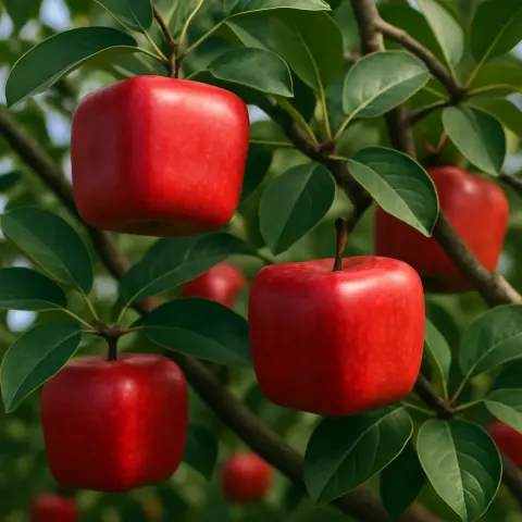 Cubic Red Apples Dangle from a Tree Adorned with Emerald