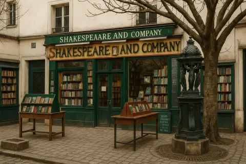 Historic Bookstore with Green Signage Reading "Shakespeare and Company"
