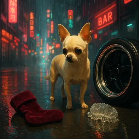 On Rain-lashed Futuristic Cyberpunk Streets Where Neon Signs Bleed