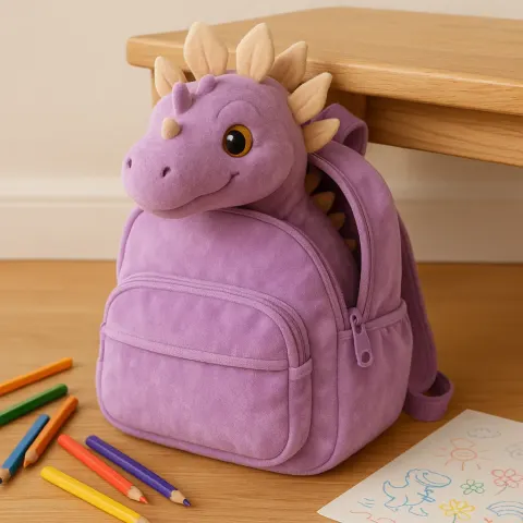 Delightful Lilac Backpack Rests Against a Light Oak Bench