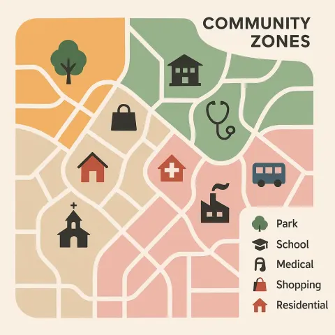 Map Showcasing Community Zones and Categorized Facilities Within Specific Areas