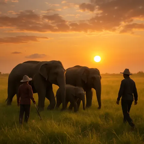 Two Men Are Leading a Herd of Elephants