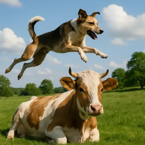 Dog Leaping Above a Cow That Is Resting