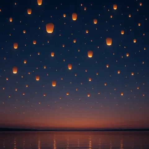 Myriad Distant Lanterns Float Serenely Upwards into a Twilight Sky