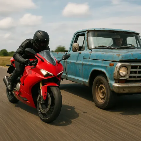 Weathered Blue Pickup Truck Was Swiftly Overtaken by the Sleek