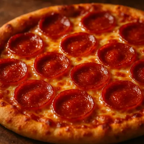 Sizzling Pizza Boasts Bubbling Cheese Crowned with Shiny Pepperoni