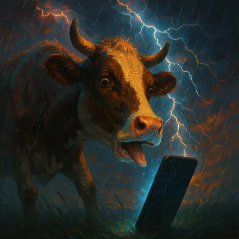 Depict a Lively and Dramatic Storm Where a Cow Engages