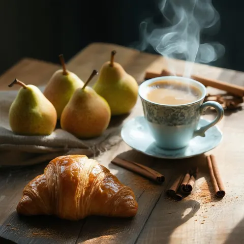 Croissant and Coffee in Moody Golden Morning Light