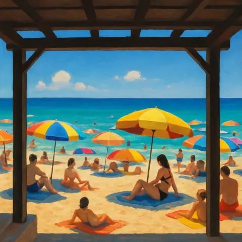 Busy Beach Scene with Colorful Umbrellas