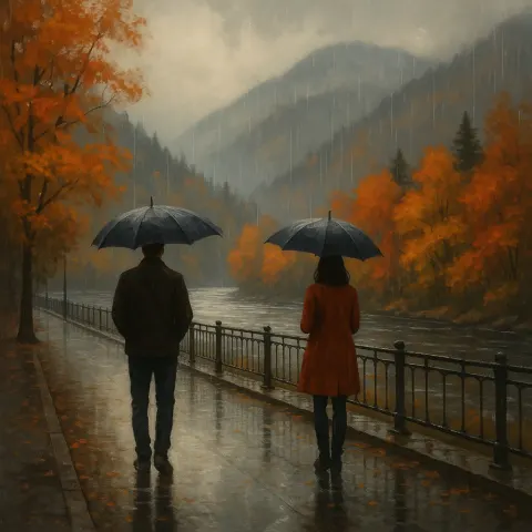 Two People Stand on a Rainy Riverside Street Holding Umbrellas