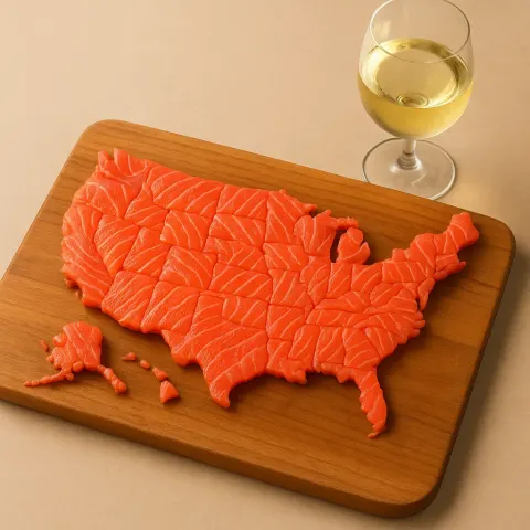 Wooden Platter Holds a Sashimi Arrangement Shaped Like a Map