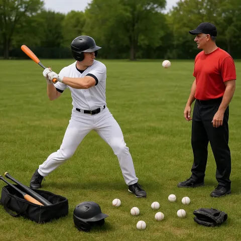 Baseball Player Practices Batting with a Coach Nearby