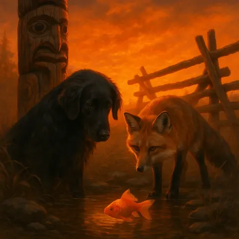 Flat-coated Retriever and Grey Fox Curiously Eye a Goldfish