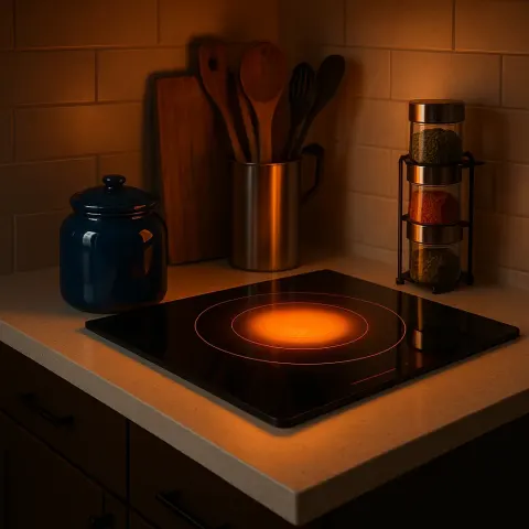 Modern Kitchen Setup Displays a Pristine Induction Stove Emitting