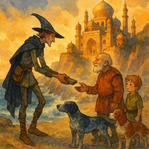 Lanky Watercolor Figure in Fantasy Garb Offers an Item