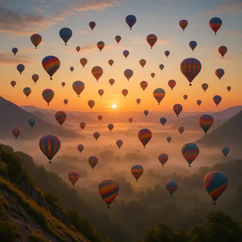 Dozens of Colorful Hot Air Balloons Drift Serenely