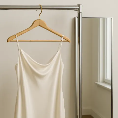 Silky Gown and Bamboo Hanger Rest on the Chrome Rack