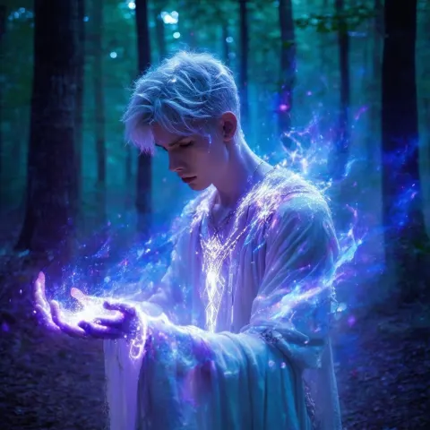 Young Elemental Sorcerer Glowing in Ektachrome Forest