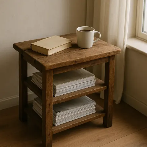 Rustic Wooden Side Table with Shelves Holding Magazines