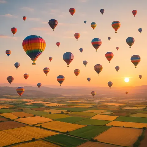 Dozens of Colorful Hot Air Balloons Drift Serenely