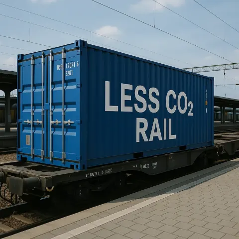 Blue Freight Container on a Train Labeled "LESS CO2 RAIL"
