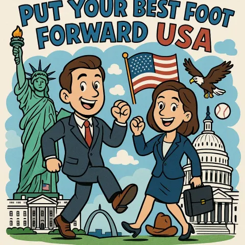 Cartoon Illustration of a Businessman and Businesswoman Surrounded by Iconic