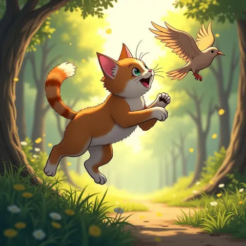 Anime Cat Leaps for a Bird at Golden Hour