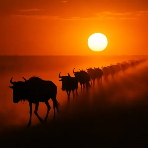 Endless Procession of Silhouetted Wildebeest Marches