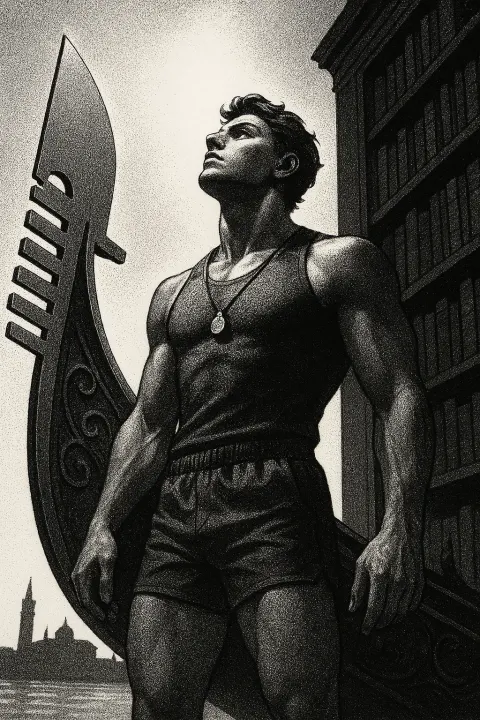 Hero Character in Sporty Activewear Stands Centrally